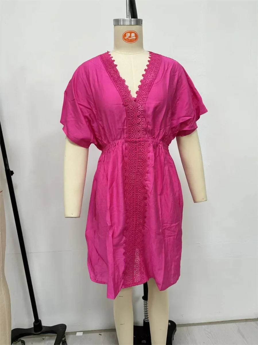 V Neck Lace Short Sleeve Tunic Beach Cover Up Cover-ups Beach Dress Beach Wear Beachwear Female Outfits Bathing kaftan for Women