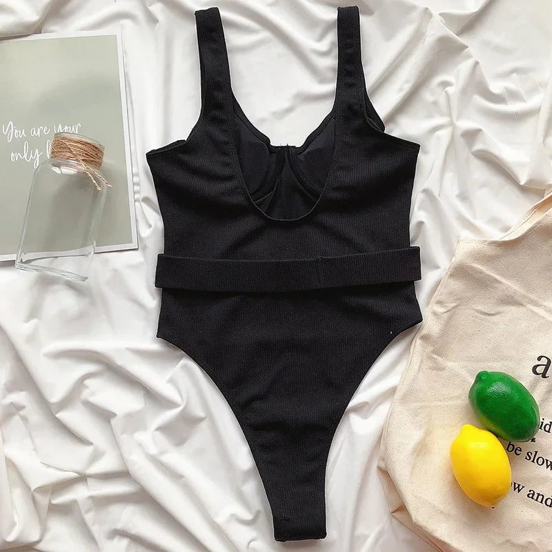 Ribbed Push up Underwired Metal Chain Women Swimwear One Piece Swimsuit Female Waist Belt Monokini Bather Bathing Suit Swim Lady