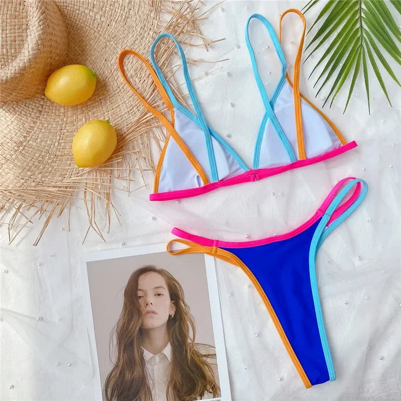 Splicing Brazilian Mini Thong Bikini Female Swimsuit Women Swimwear Two-pieces Bikini set High Cut Bather Bathing Suit Swim Lady