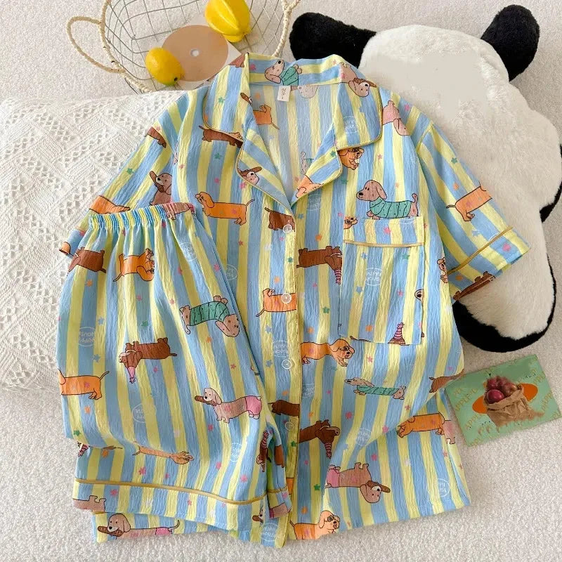 Star Striped Dog Print Kawaii Pajamas for Women Y2K Fashion Lapel Neck Women's Pajamas Summer New Sweet Cute Home Wear Woman