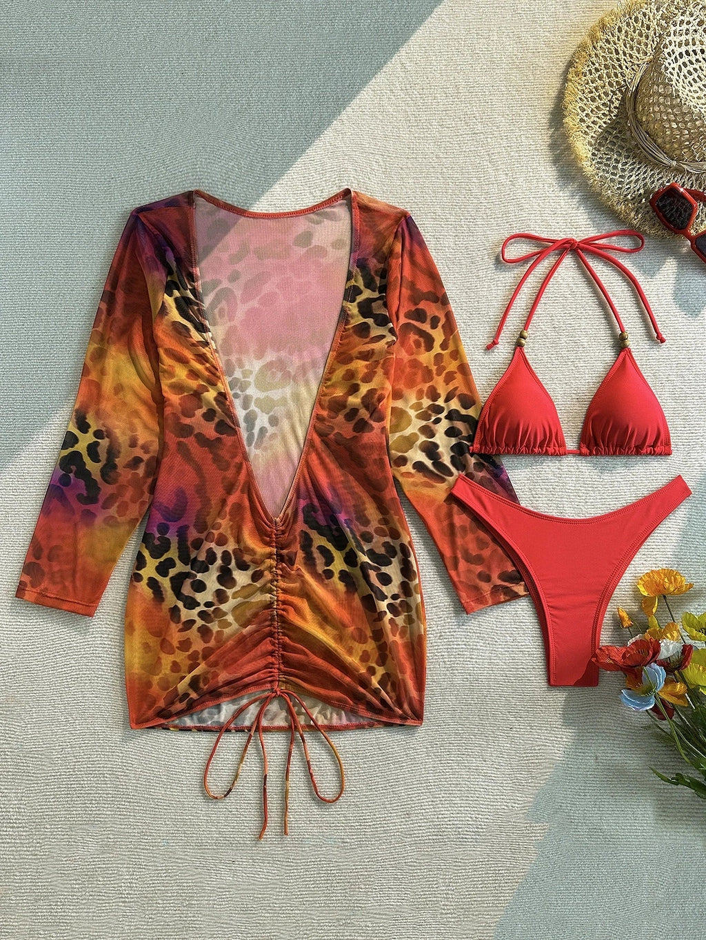 DEKA Three pieces Bikini Set Bather Bathing Suit Swim Long Sleeve Flower Printed Bikini Female Swimsuit Women Beachwear Swimwear