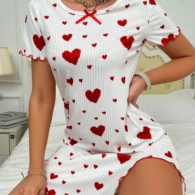 New Women's Pajama Love Dress Pajama Short Sleeve Printed Bow Loose Pajama Home Clothes Comfortable and Soft Hot Selling Gift