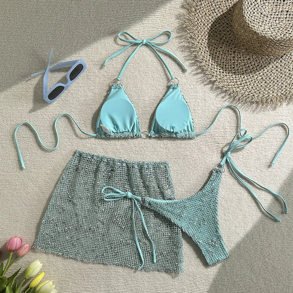 3PCS With Hollow Out Skirt Halter Bikini Female Swimsuit Women Swimwear Three-pieces Bikini Set Bather Bathing Suit Swim V6451