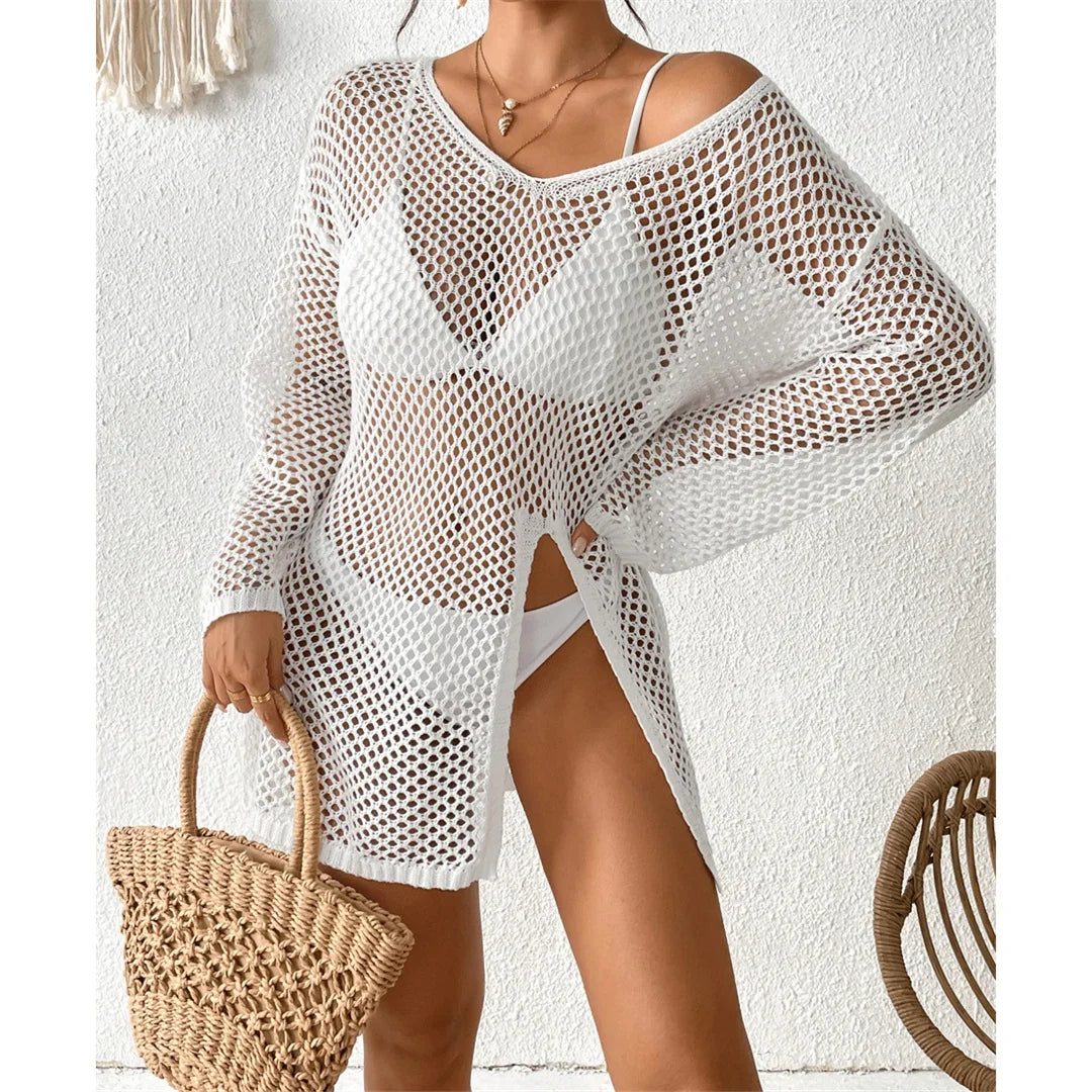 V Neck Long Sleeve Hollow Out Crochet Knitted Tunic Beach Dress Beach Wear Beachwear Beach Cover Up Cover-upsFemale Women V6335