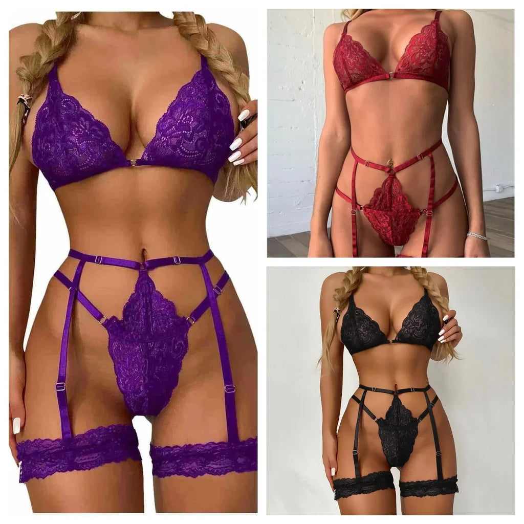 Women's Sexy Lingerie Set Lace Porn Costumes 3 Piece Push Up Bra G-String Garter Exotic Sets Lenceria Erotic Underwear For Sex