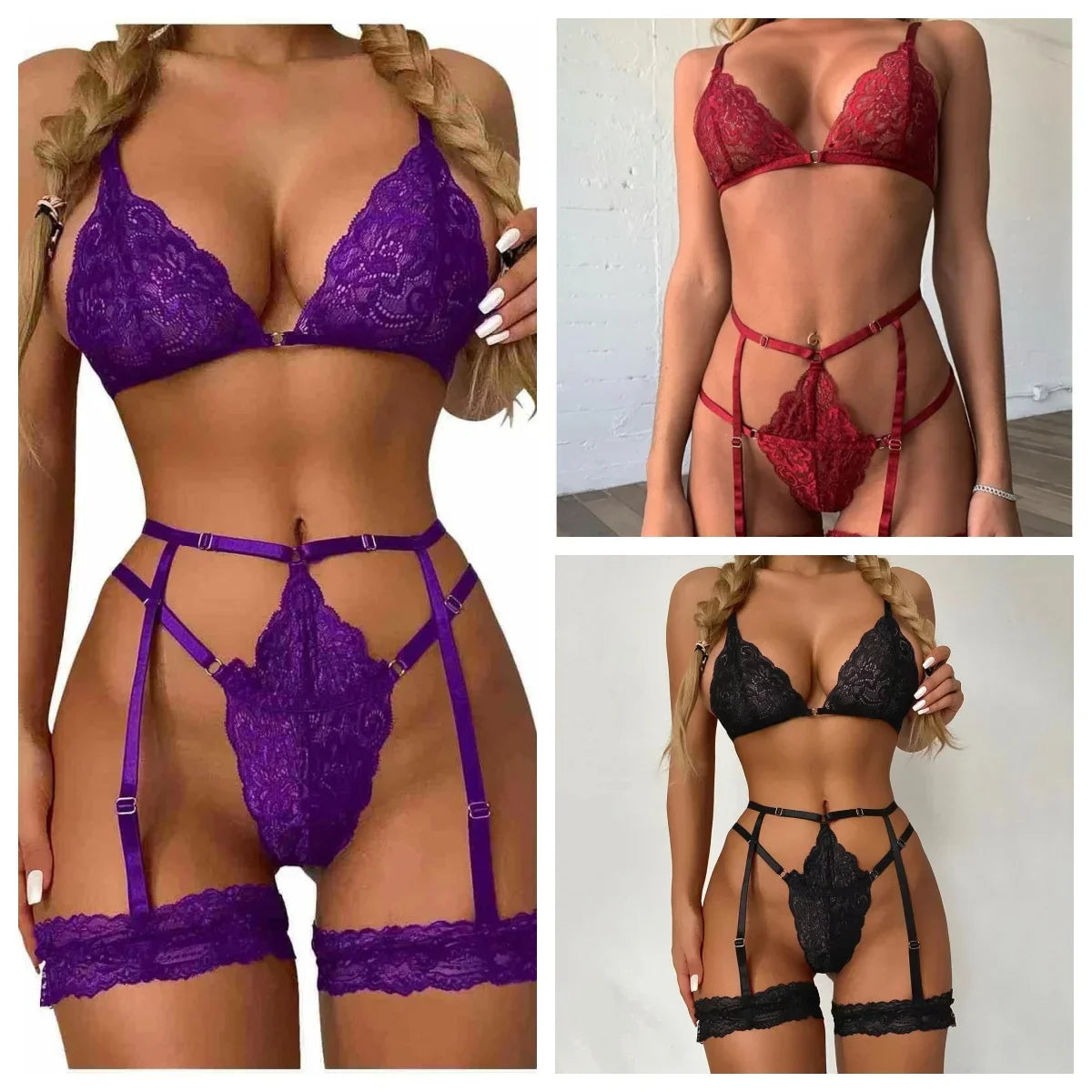 Women's Sexy Lingerie Set Lace Porn Costumes 3 Piece Push Up Bra G-String Garter Exotic Sets Lenceria Erotic Underwear For Sex