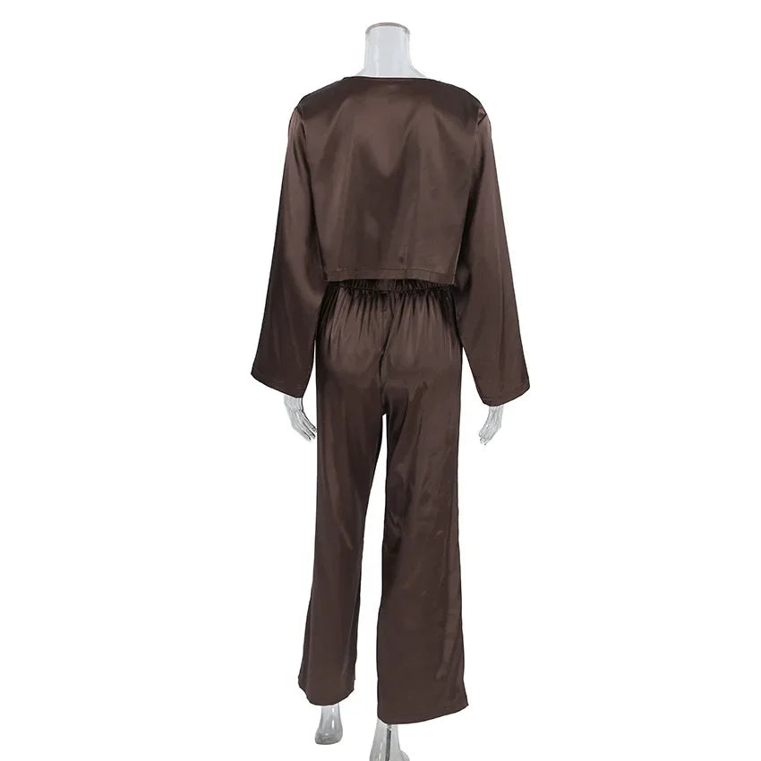 Women Silk Satin Pajama Set Deep V Neck Long Sleeve Lace Trim Tie Front Top Pants Soft Loungewear Elegant Home Sleepwear Night