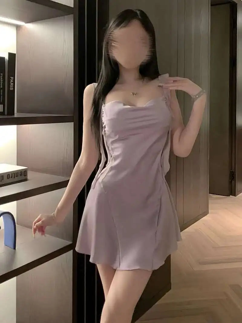 New girls' suspender pink chiffon patchwork satin lace nightclub new sexy slim fit nightgown home satin uniform qqny dress E7BX