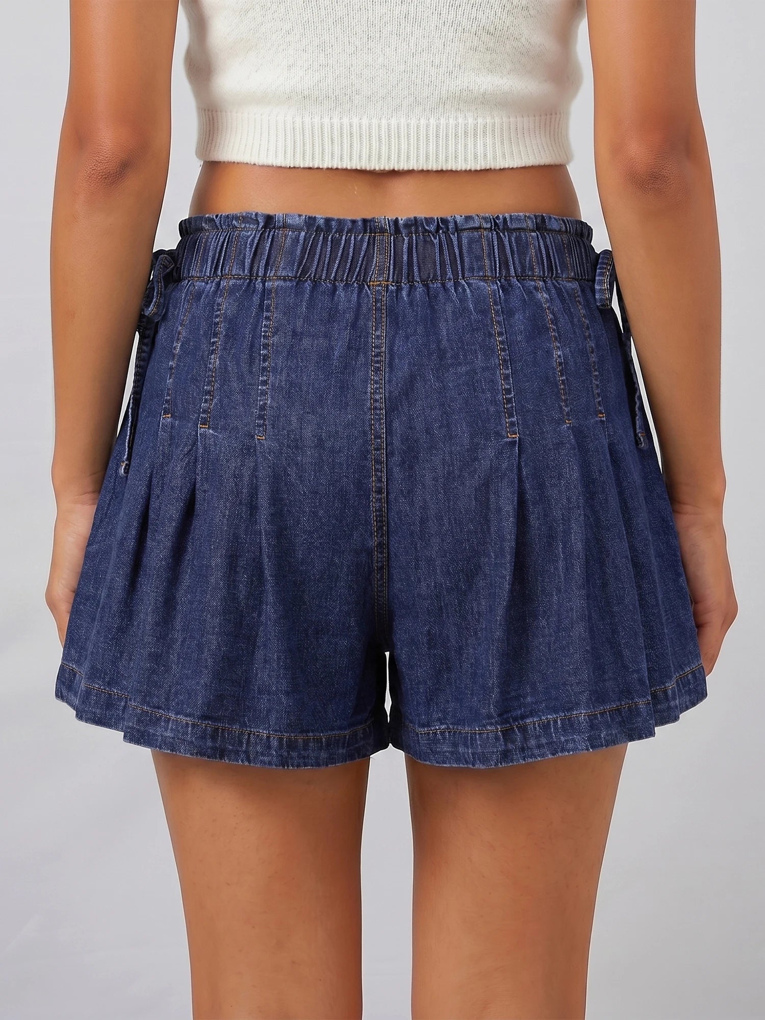 Womens Loose Fit Denim Shorts Drawstring Elastic Mid Rise Pleated Wide Leg Short Pants Casual Stylish Summer Skorts