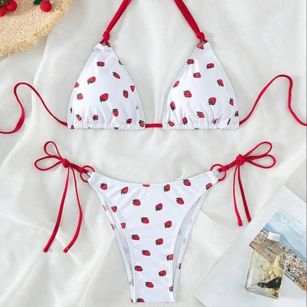 DEKA Women Cute Strawberries Print Bikini Set Sexy Thong Swimsuit Two Pieces Bathing Suit Swimwear