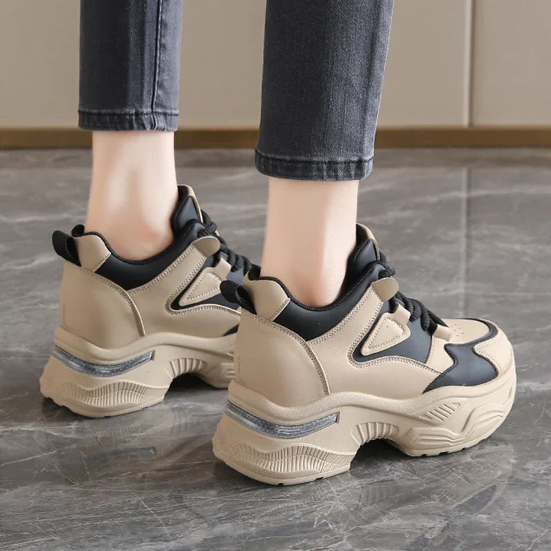 Chunky Platform Women Sport Sneaker Lace-Up Thick Bottom Vulcanize Shoes Woman Spring Autumn Pu Leather Breathable Running Shoes