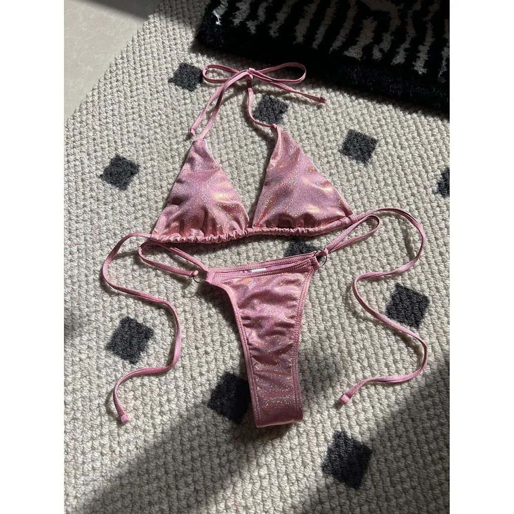 Glitter Sparkling High Cut Halter Bikini Female Swimsuit Women Swimwear Two-pieces Bikini set Bather Bathing Suit Swim V5102S