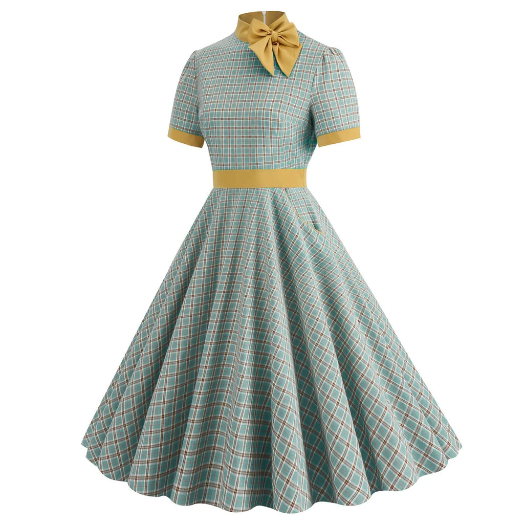 Retro Women's Plaid Dress Stand Neck Short Sleeve Cotton Dresses Lace Up Bow Tie Pleated Swing Vestidos Vintage Court Dresses