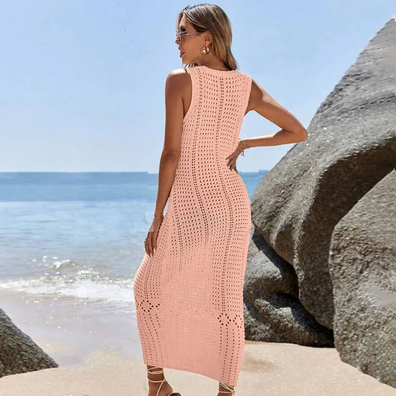 S - XL 2025 V Neck Hollow Out Crochet Knitted Tunic Beach Cover Up Long Cover-ups Beach Dress Beach Wear Beachwear Female Women