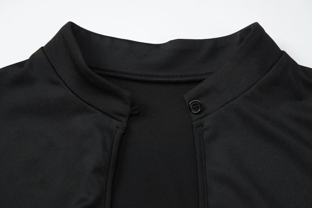 FDYOUI Fashion Stand Collar Button Hollow Out T-shirt for Women 2026 Sexy Short Sleeve Slim Cropped T Shirts Black Wine Red Tops