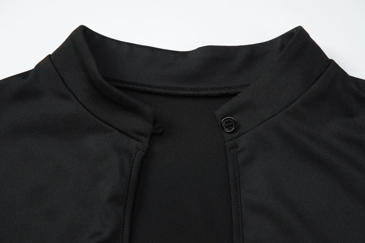FDYOUI Fashion Stand Collar Button Hollow Out T-shirt for Women 2026 Sexy Short Sleeve Slim Cropped T Shirts Black Wine Red Tops