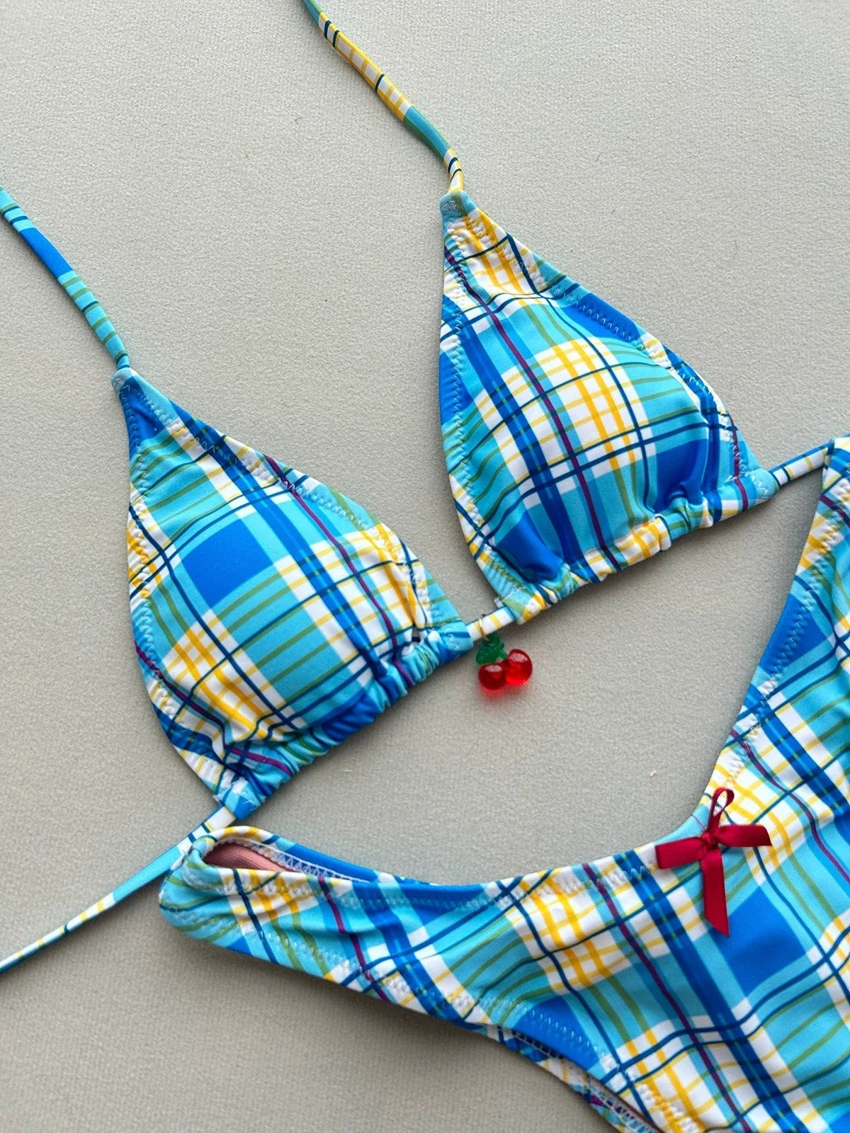 Sexy Blue Plaid Micro Bikini 2025 Women Halter Push Up Bra Bow Thong Swimsuit Summer Holiday Bathing Suit Triangle Swimwear