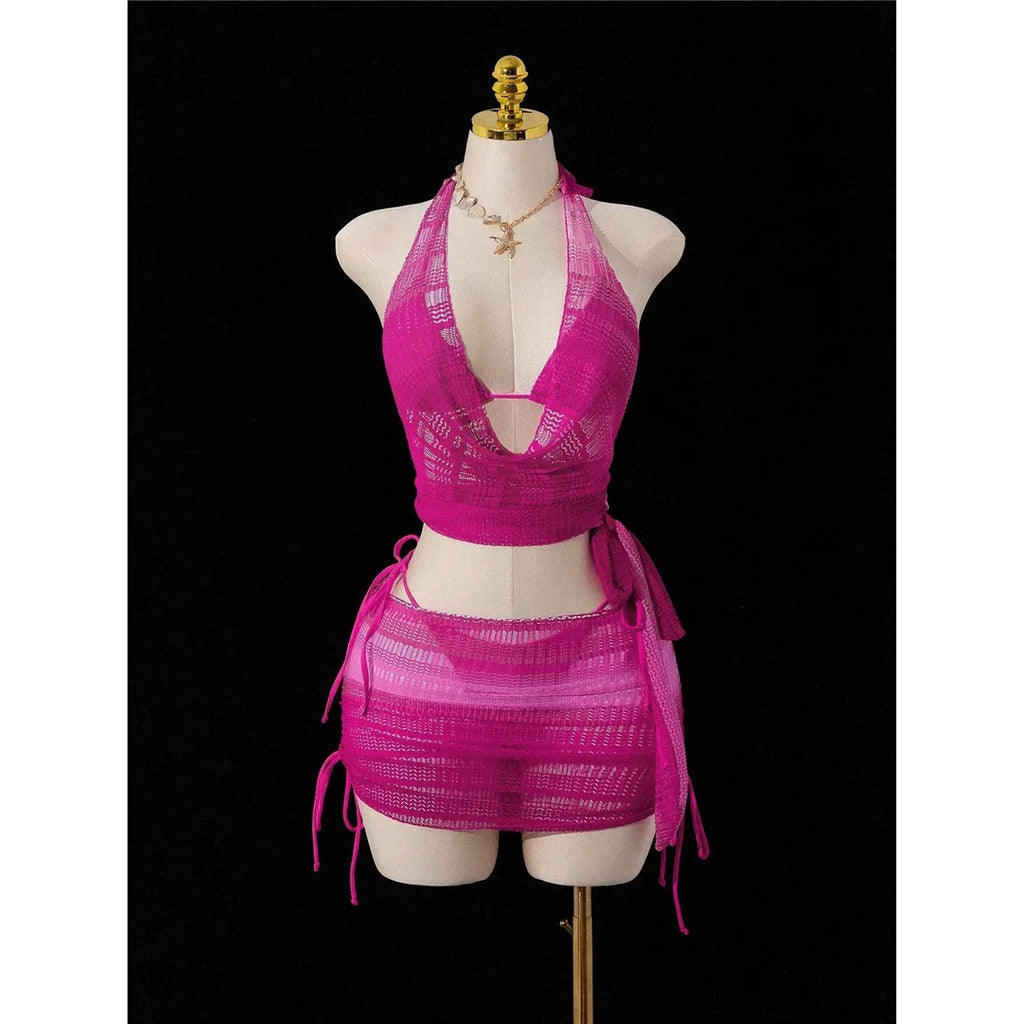 With Skirt Cover Up Halter Bikini Female Swimsuit Women Swimwear Strappy Bather Bathing Suit Swim Four-pieces Bikini set K8089