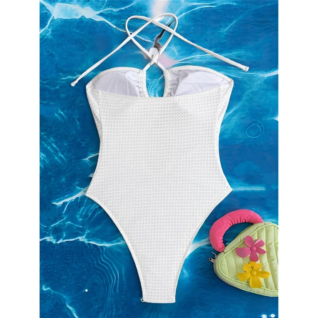 S - XL Cut Out Halter Metal Ring Women Swimwear One Piece Swimsuit Female High Cut Leg Monokini Bather Bathing Suit Swim K7062