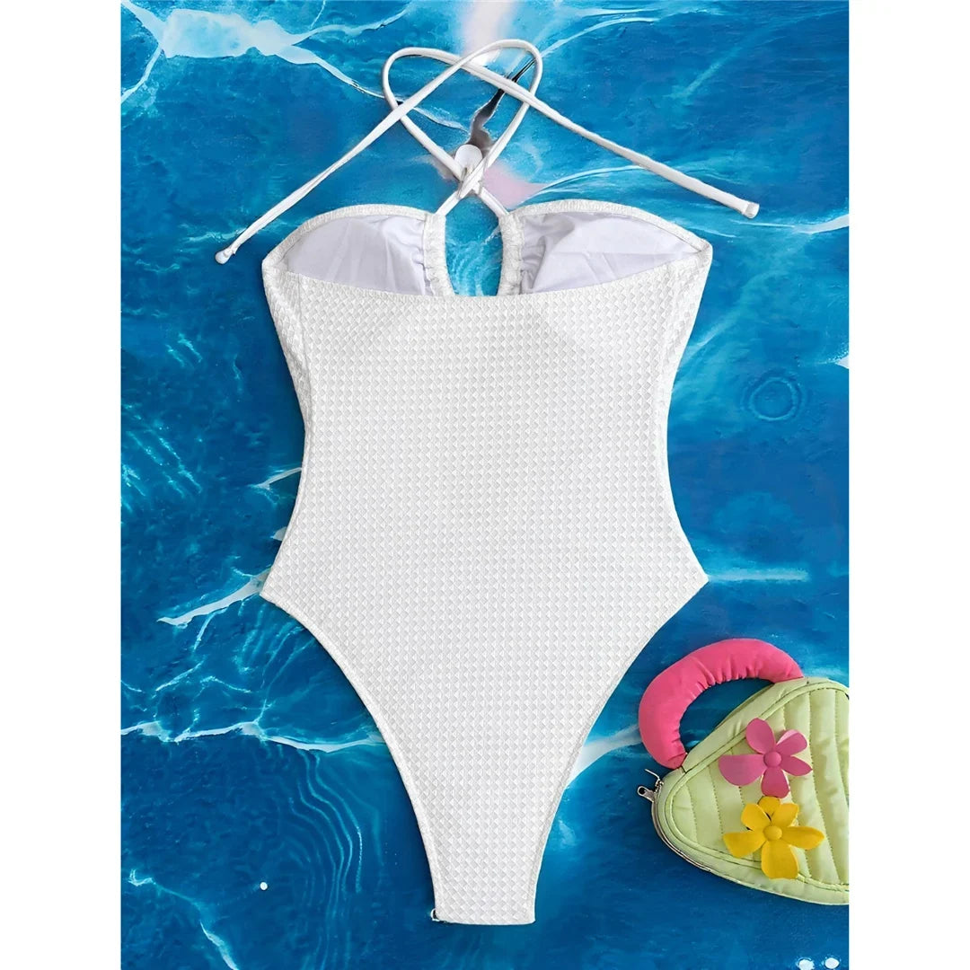 S - XL Cut Out Halter Metal Ring Women Swimwear One Piece Swimsuit Female High Cut Leg Monokini Bather Bathing Suit Swim K7062