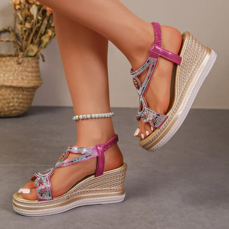 Bling Crystals Chunky Sandals Women 2026 Summer Elastic Band Wedges Platform Sandles Woman Plus Size 43 High Heel Rome Sandals