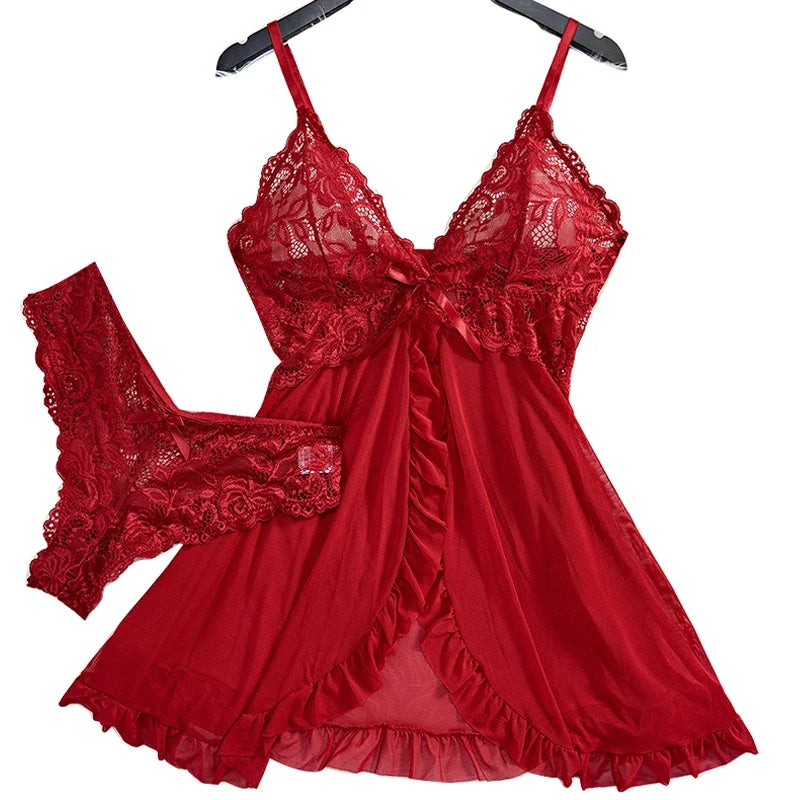 Floral Lace Split Sexy Babydoll Semi-sheer Deep V Bow Ruffle Dress And Panties Underwear Sets Women's Erotic Lingerie Nightgown