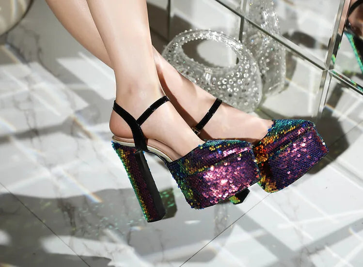 Women Platform Pointed Sandals 15.5CM/6Inch Summer Model Show Sequin Heels Europe and America Nightclub Party Large Size Shoes