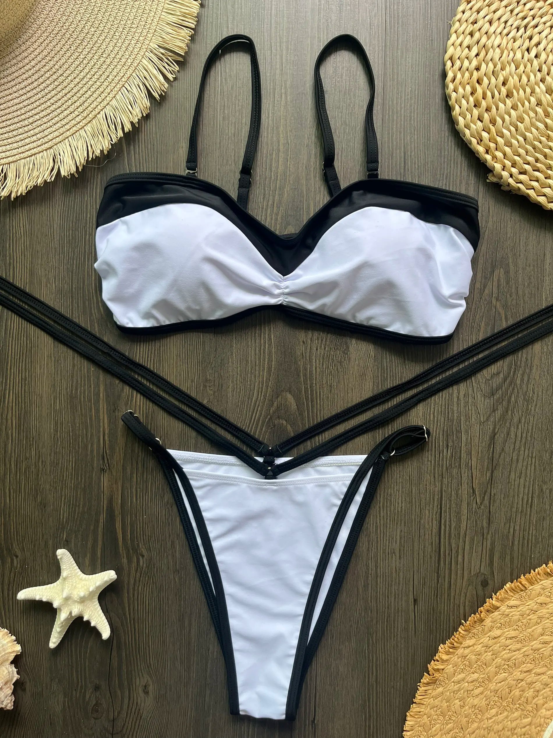 2025 New Sexy Bandeau Bikini Sets Swimsuit For Women Sexy Strappy Swimwear Female Patchwork Bathing Suit Beachwear Swimming Suit