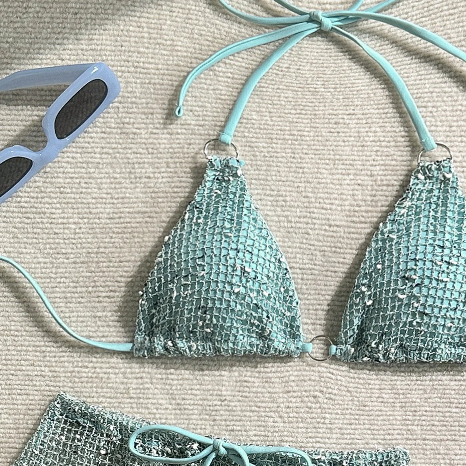 With Mesh Sarong Skirt Halter Bikini Women Swimwear Female Swimsuit Three-pieces Bikini Set Fishnet Bathing Suit Swim Beachwear