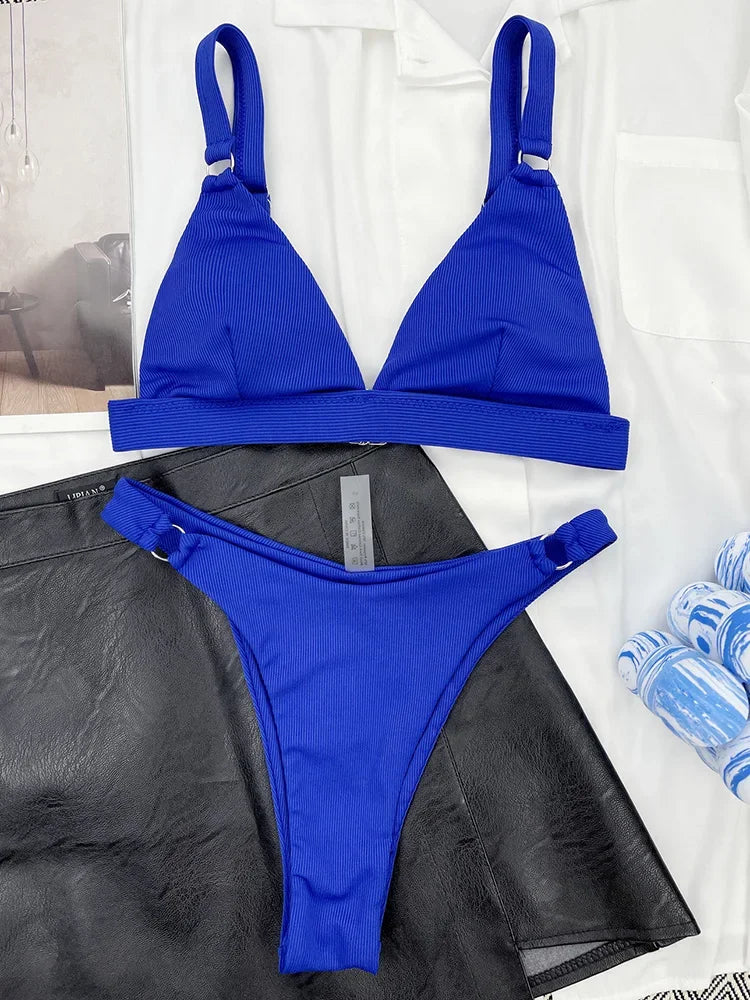 Ribbed Triangle High Cut Bikini Women Swimsuit Female Thong Swimwear Two Pieces Bikini Set Rings Bather Bathing Suit Swim Lady