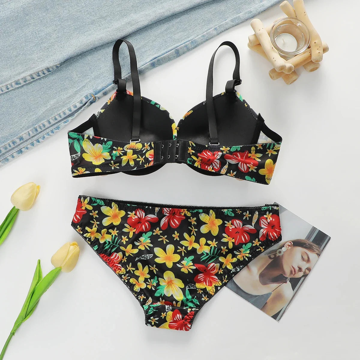 Women's Sexy Embroidered Flower Underwear Set with Steel Hoop Gather Push Up Comfortable Close fitting Bra Set J0124