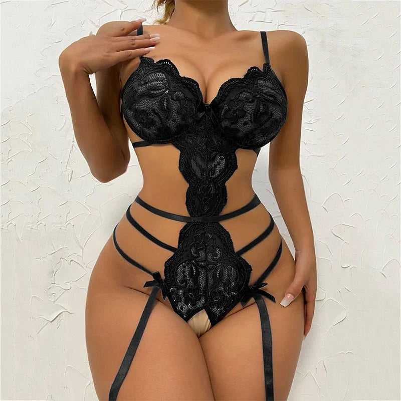 Hot Lace Seamless Bodysuit Sexy Women Underwear Erotic Pajamas Crotchless Deep V Open Bra See Through Babydoll Lingerie  Set