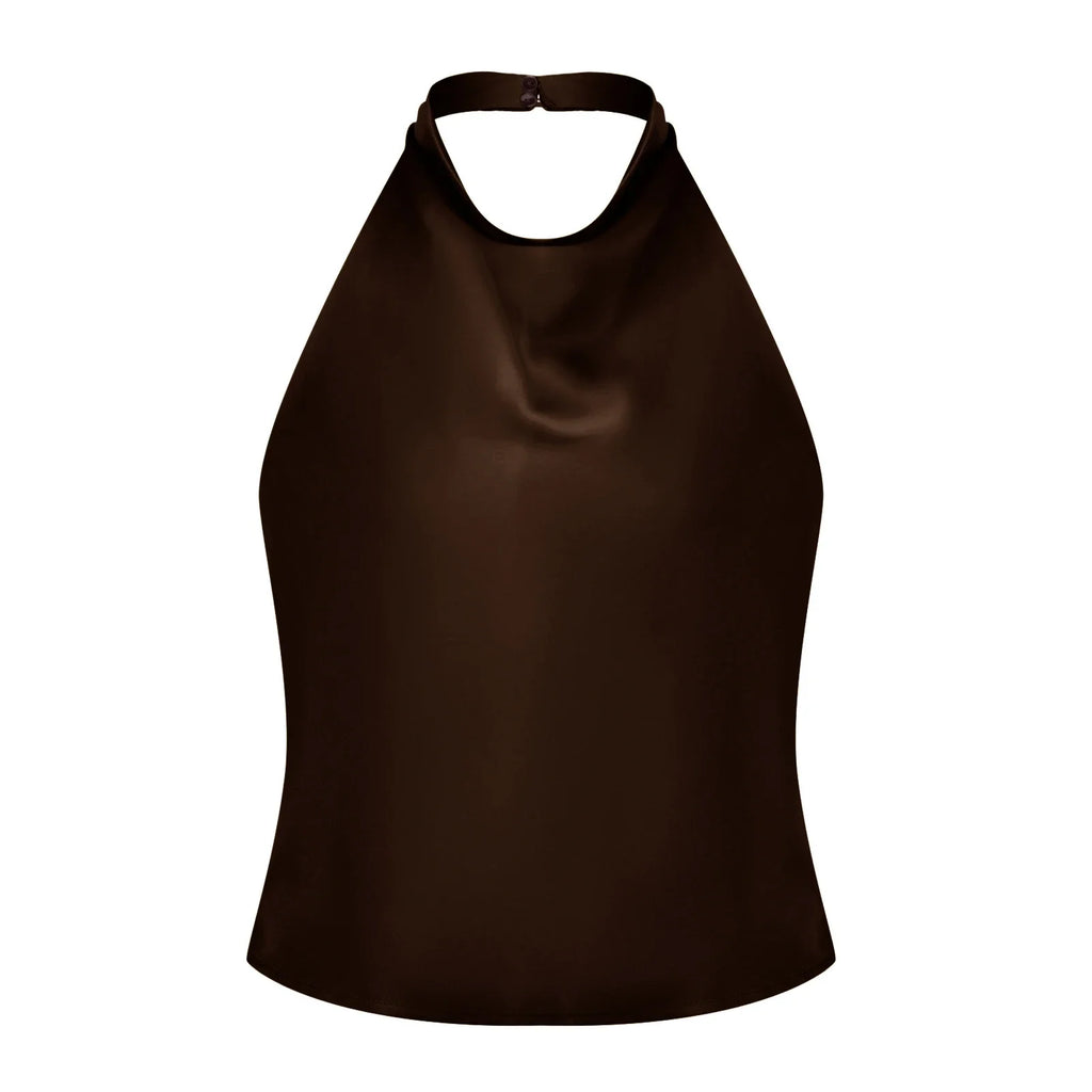 Women Summer Halter Neck Vest Sleeveless Open Back Solid Color Satin Tank Tops