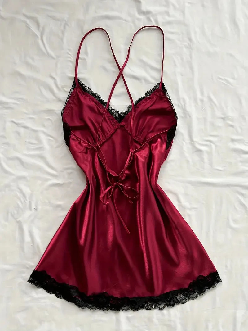 V-neck Lace Camisole Nightgown Hot Backless Sexy Women Sleepwear Short Silk Sleep Shirts Elegant Pajamas Lingerie Night Dress
