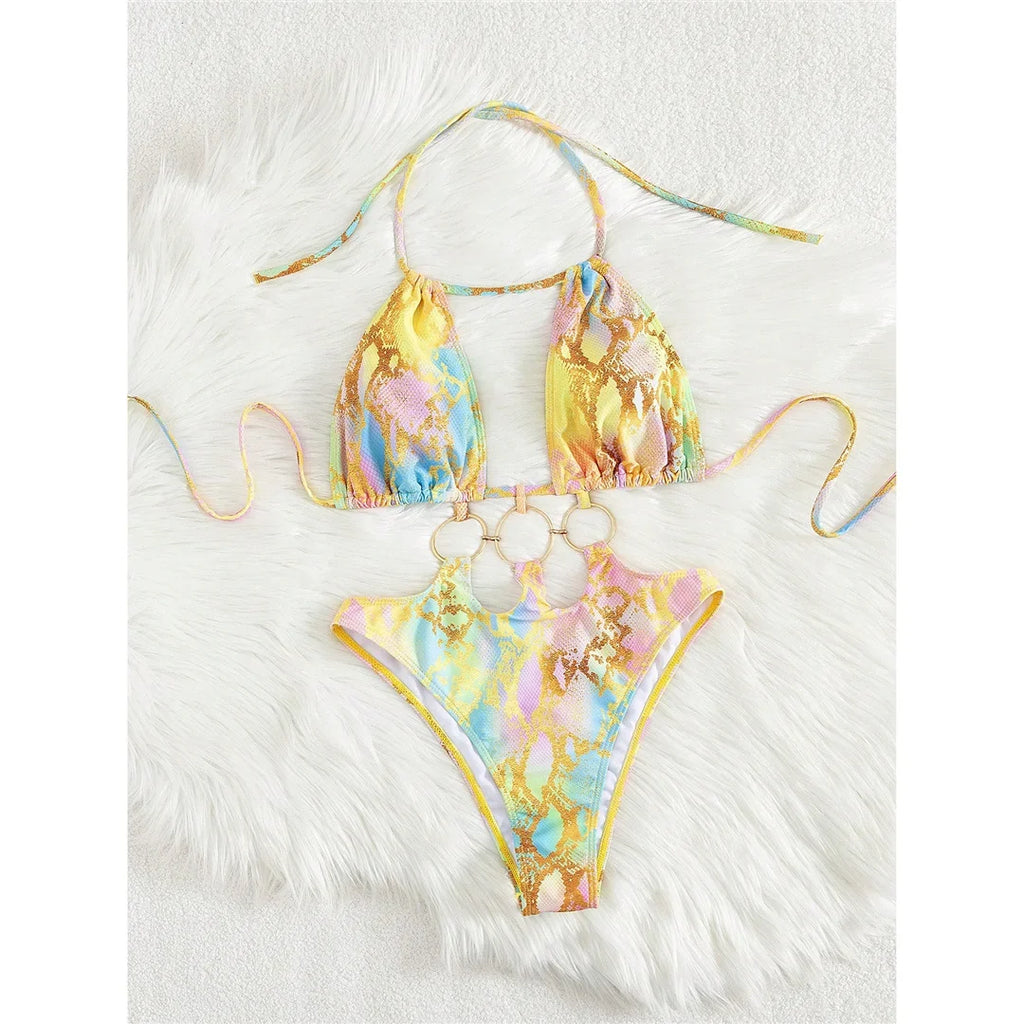 S - XL Printed Halter Metal Rings One Piece Swimsuit Women Swimwear Female Monokini High Leg Cut Bather Bathing Suit Swim V7721