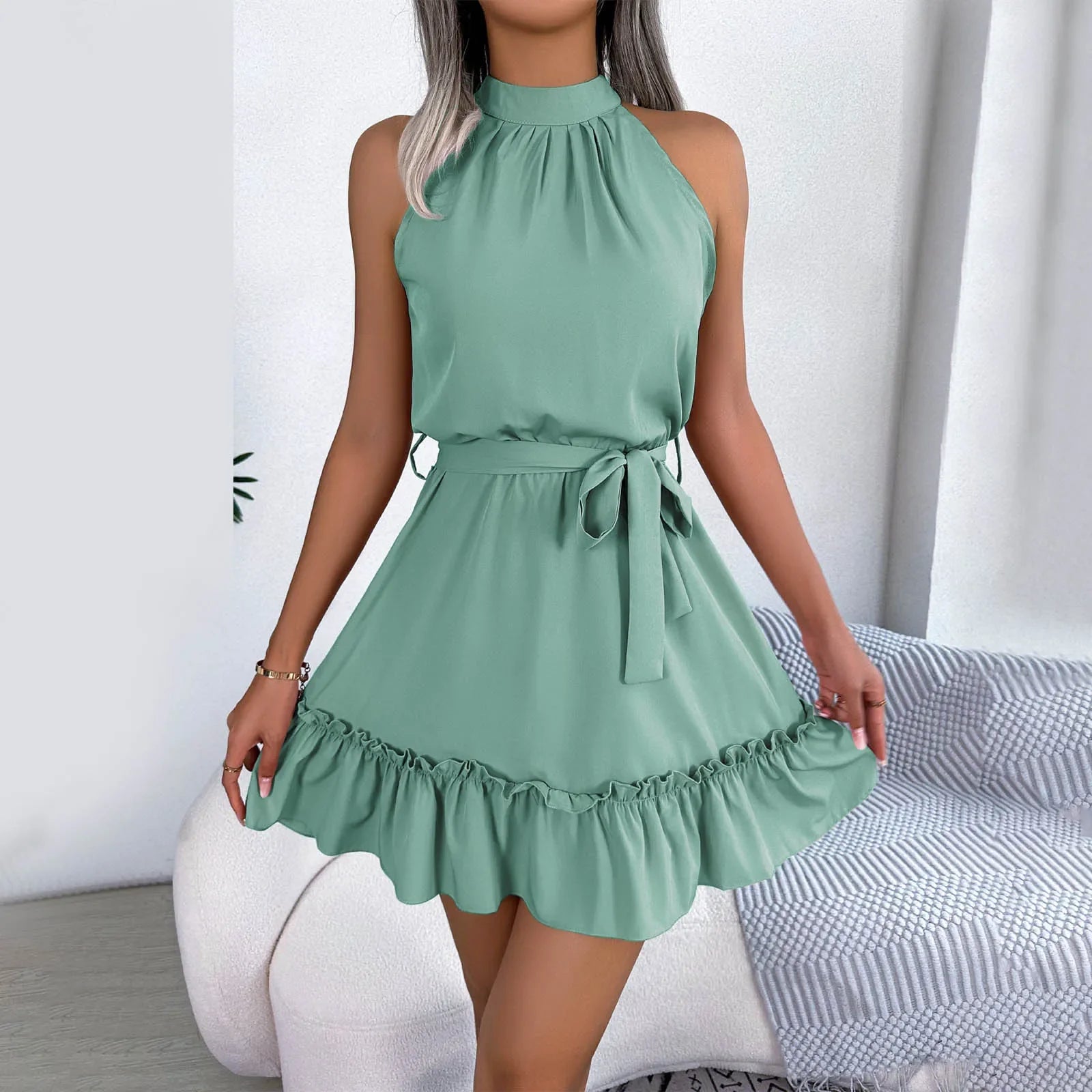 Elegant Halter Mini Dress For Women Solid Color Off Shoulder Sleeveless A Line Summer Dress Tie Waist Ruffled Hem Office Dresses