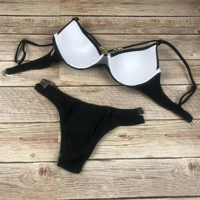 Leopard Splicing Bra Cup Bikini Women Swimsuit Female Swimwear Two-pieces Bikini Set Push Up Bather Bathing Suit Swim Beach Wear