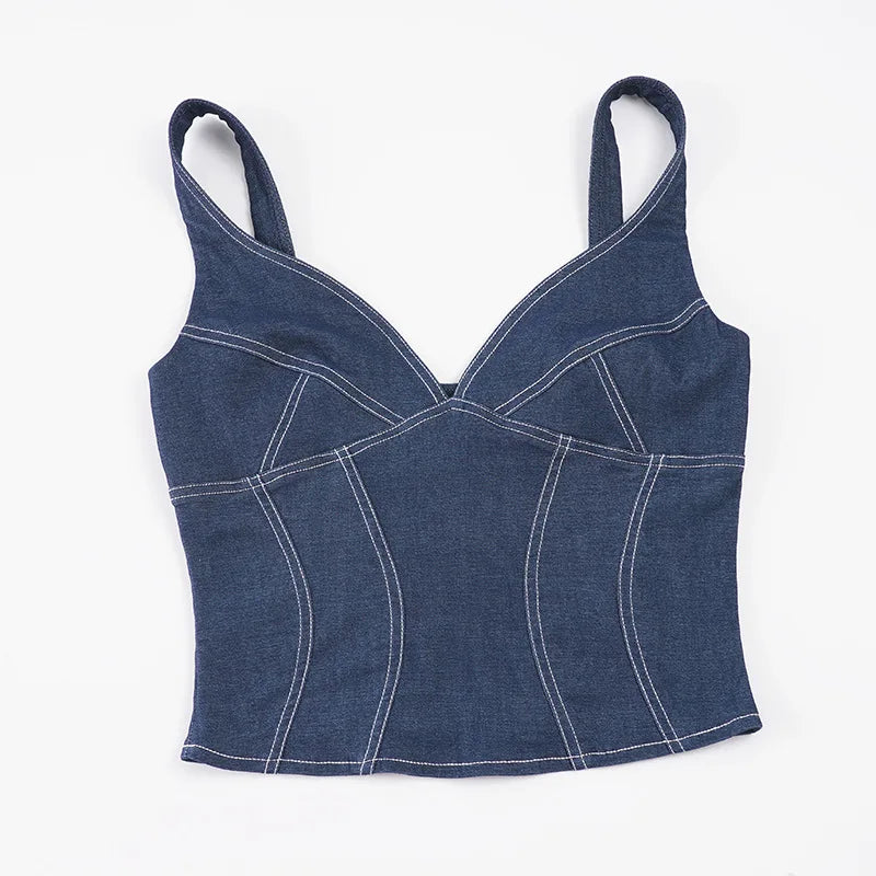 2026 Street style stretch imitation denim camisole V-neck slim fit versatile hot girl top