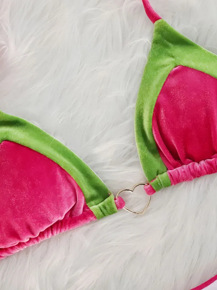 2025 Splicing Halter Velvet Bikini Female Swimsuit Women Brazilian Swimwear Two-pieces Bikini Set High Cut Bathing Suit Swim