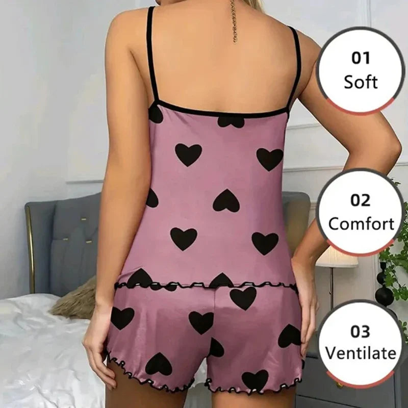 Women's Pajama Set Pajamas T-Shirts Shorts Pink Heart-Shaped Print Round Neck T-Shirt Ice Silk Top Comfortable Casual Summer