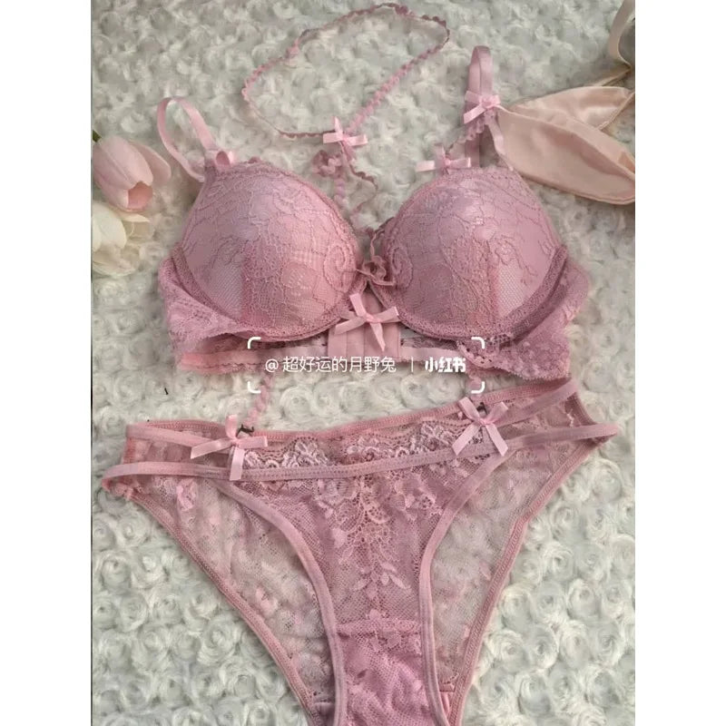 Boho Layered Lace Halter Bra Set - Hollow Out Bow Design Top, Inner Red Lace Up Bra, Summer Beach Two Piece Lingerie Set MOYISU