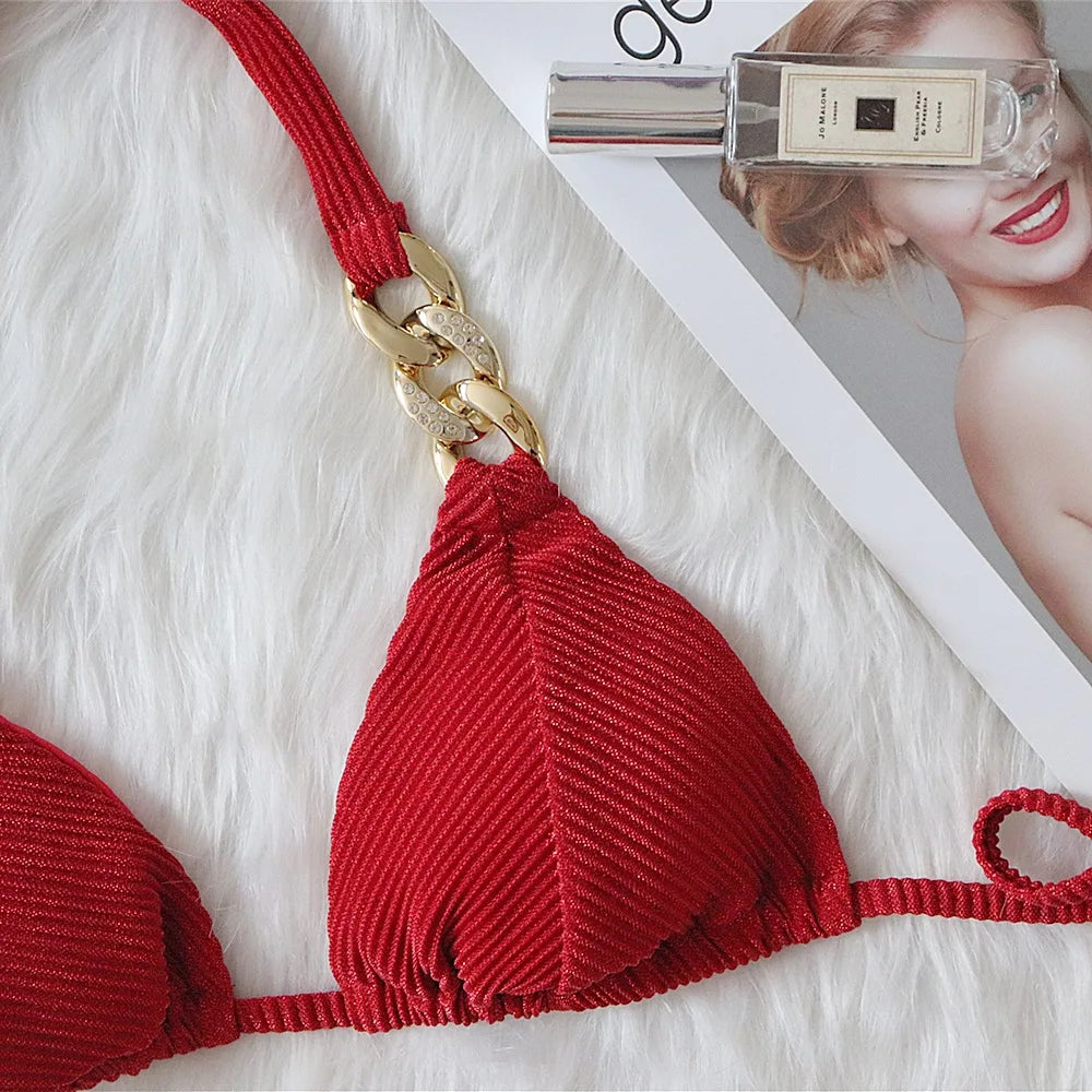 9 Colors Sexy Bikini Women Shining Fabric Golden Rhinestone Chain Swimwear Swimsuit Solid Halter Bikinis Set Bathing Suit Female