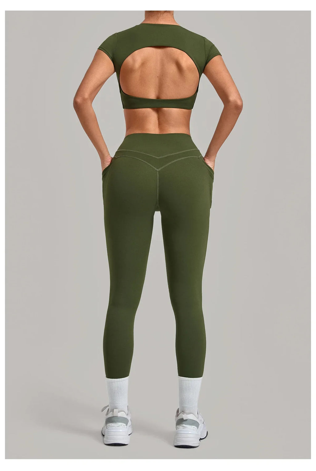 Yoga Set Women's Tracksuit Short Sleeve Back Hollow Out Sports Top Athletic Wear Tight High Waist Pocket Leggings Fitness Suits