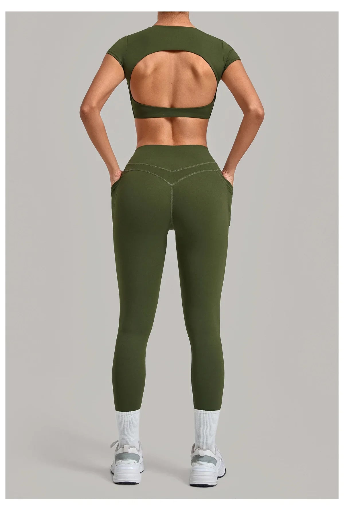 Yoga Set Women's Tracksuit Short Sleeve Back Hollow Out Sports Top Athletic Wear Tight High Waist Pocket Leggings Fitness Suits