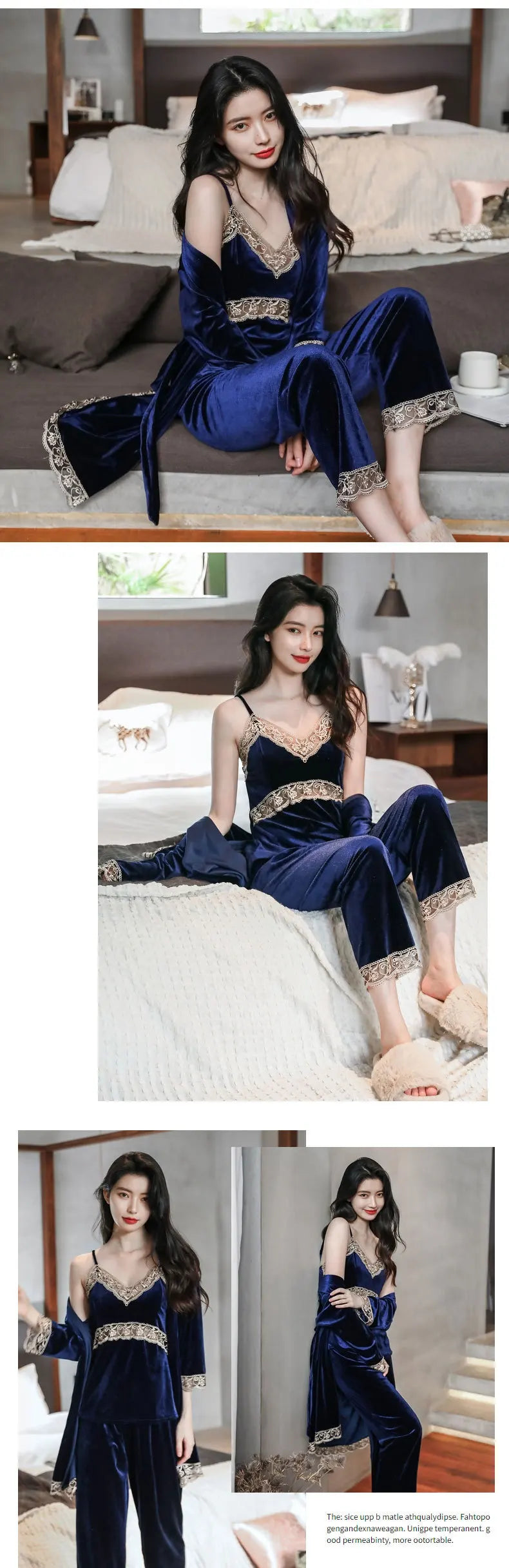 Women's Autumn Winter Golden Velvet Pajamas Set - Sexy Lace Suspender 3-Piece Loungewear with Breast Pads