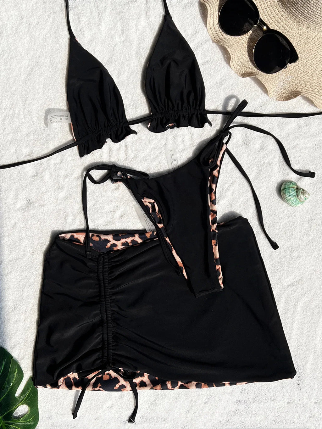 2026 Summer Leopard Print 3 Pieces Suit Swimwear Reversible Sexy Halter Lace-up Bikini Set Drawstring Skirt Cover Up Beachwear
