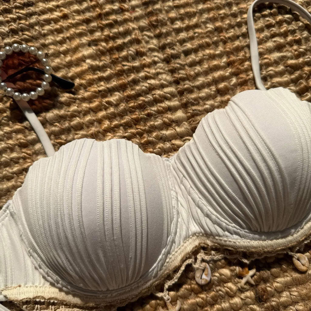 Sexy Ribbed Push Up Shell Pattern Bikinis Sets Two Pieces Plain Swimsuits Back Tie Swimwear Biquini Conjunto De Bikini Tankini