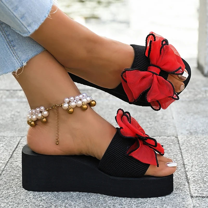 2026 Summer Big Bowknot Platform Slippers Women Plus Size 42 Open Toe Wedges Sandals Woman Lightweight Casual Beach Flip Flops