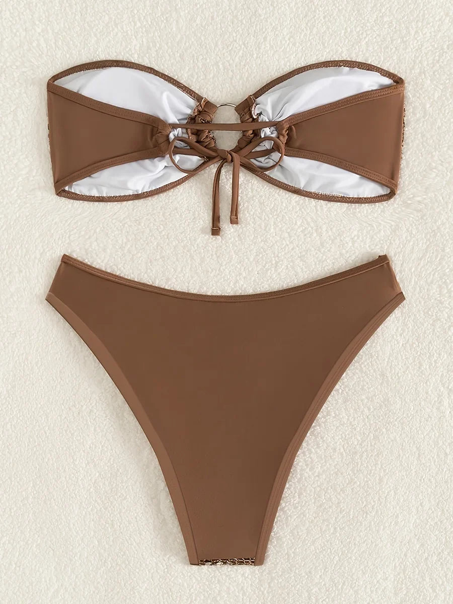 Shiny Sequins Mesh Bandeau Bikini Female Swimsuit Women Swimwear Two-pieces Bikini Set Brazilian Bathing Suit Swim Beach Wear
