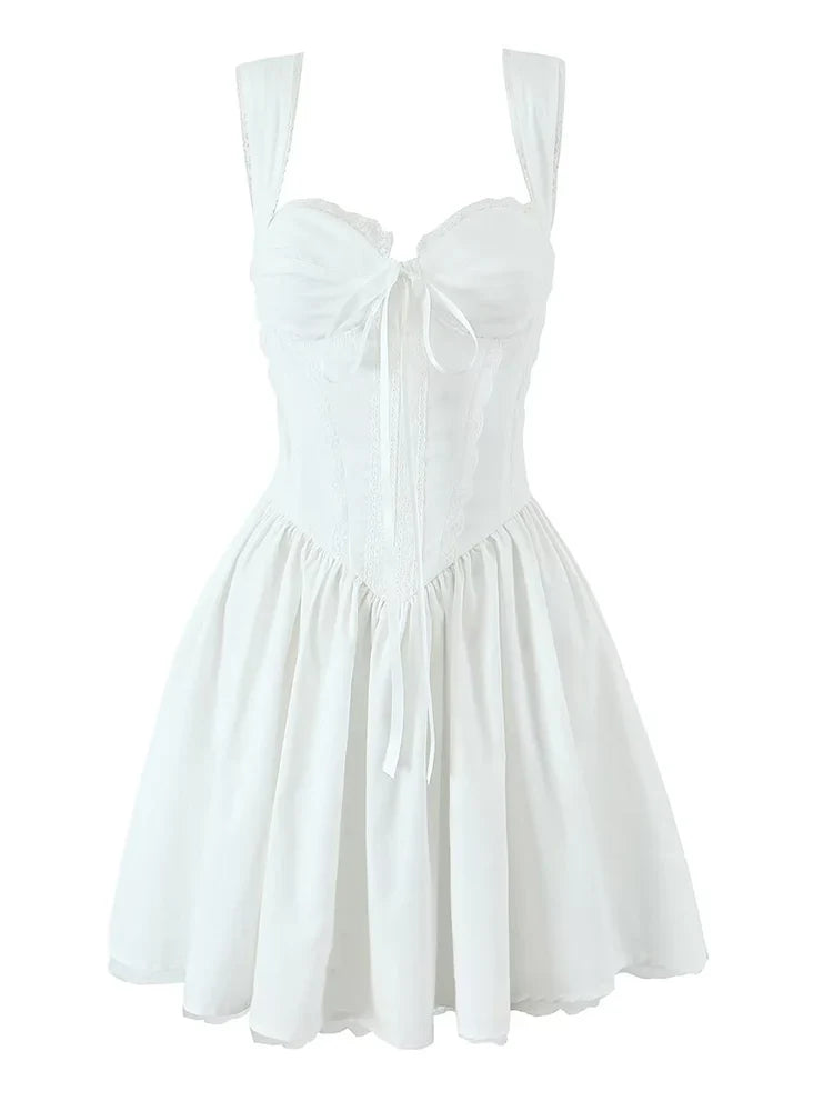 Foridol Bowknot Back Lace Up White Dress Women Sleeveless Lace Decor Summer Short Dress Elegant A-line Party Sundress 2025 New